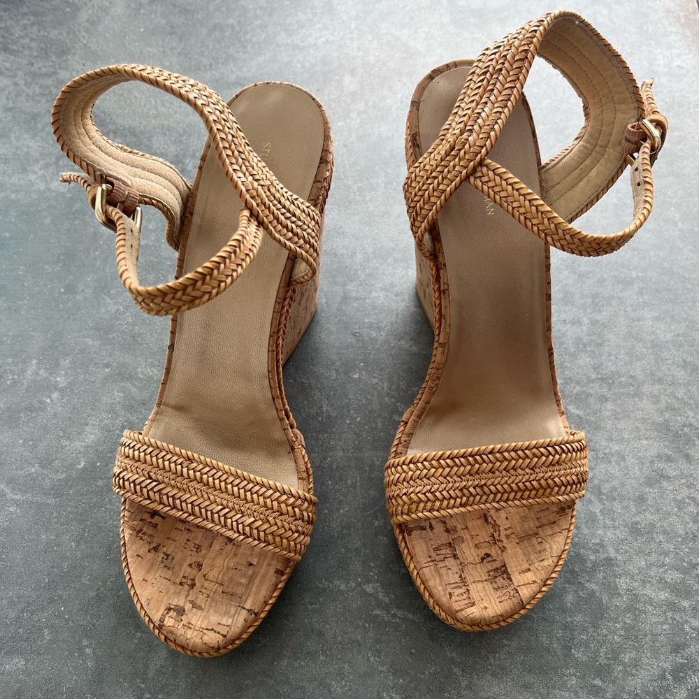 Stuart Weitzman Tan Braided Cork Wedge Sandals